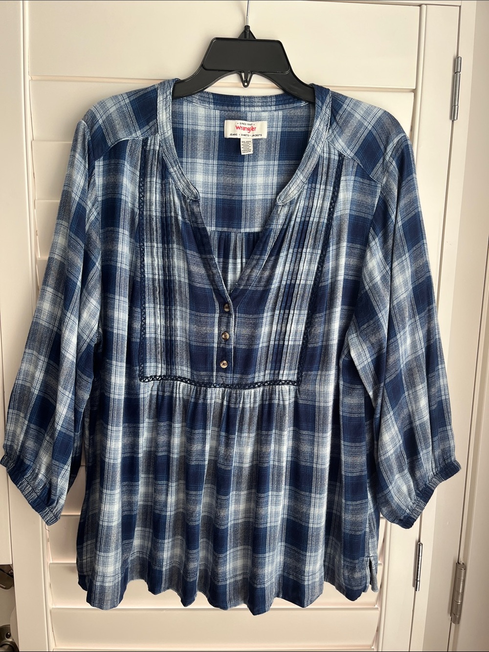 Wrangler Navy and Light Blue Plaid Babydoll Blouse Top Tunics